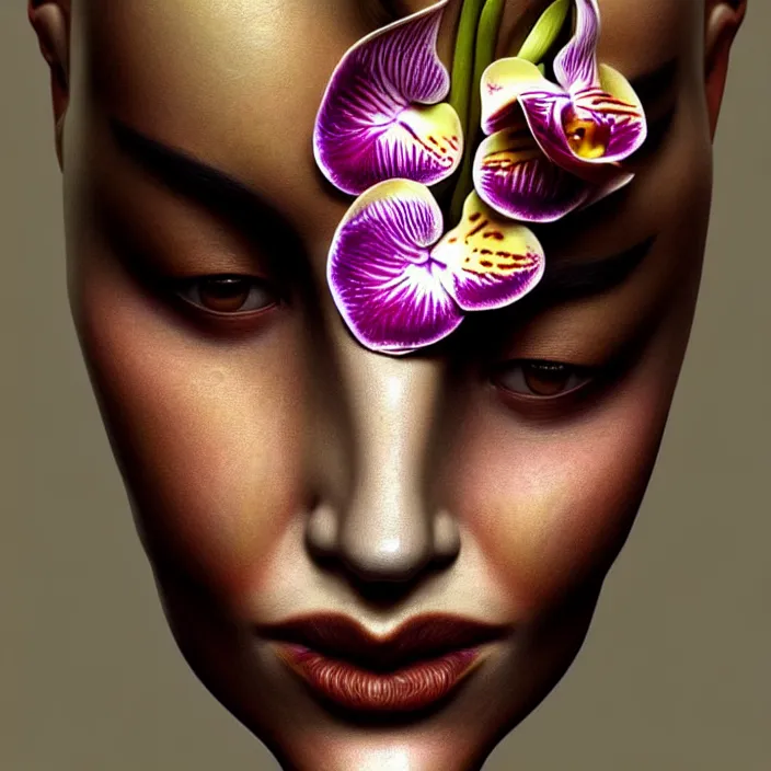 Prompt: face made of orchid, diffuse lighting, fantasy, intricate, elegant, highly detailed, lifelike, photorealistic, digital painting, artstation, illustration, concept art, smooth, sharp focus, art by Giuseppe Arcimboldo