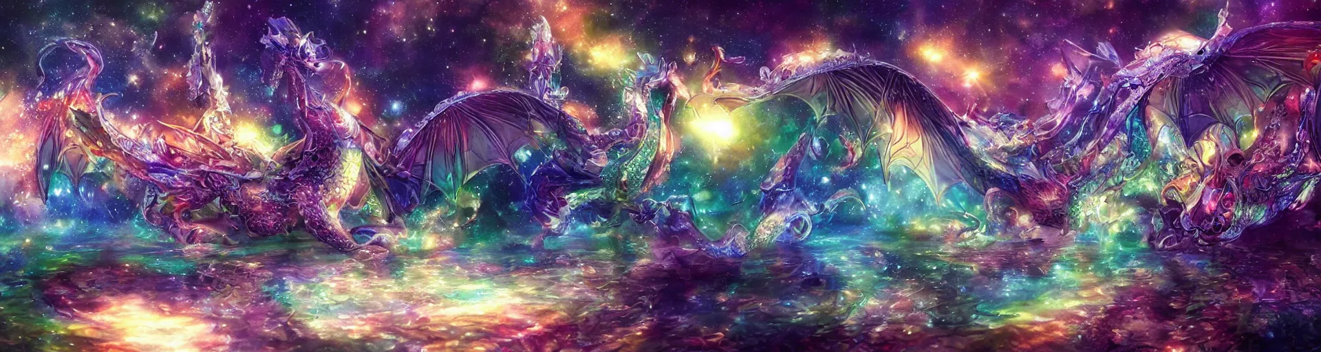 Image similar to a crystal dragon 🐉 , psychedelic, whimsical, 4k, beautiful, a crystal and flower, reflective pool, surrounded by gems, underneath the stars, rainbow fireflies, trending on patreon, deviantart, twitter, artstation, volumetric lighting, heavy contrast, art style of Greg Rutkowski and Miho Hirano and Ross Tran