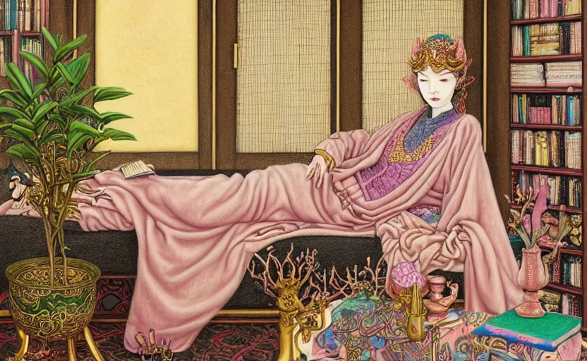 Prompt: a pastel drawing of a female wizard, ornate clothing, lounging on a purpur pillow on the marbled checkered floor in his study room reading an ancient tome. to the side is a potted plant, moody candlelit raytracing. ancient scifi fantasy setting. detailed face, sharp focus. by chie yoshii and mati klarwein