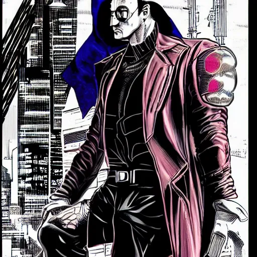 Image similar to a cyberpunk italian man with slicked back hair, in a cyberpunk setting, comic book art, cyberpunk, art by stan lee, pen drawing, inked, colorful, bright high tech lights, dark, moody, dramatic, deep shadows, marvel comics, dc comics