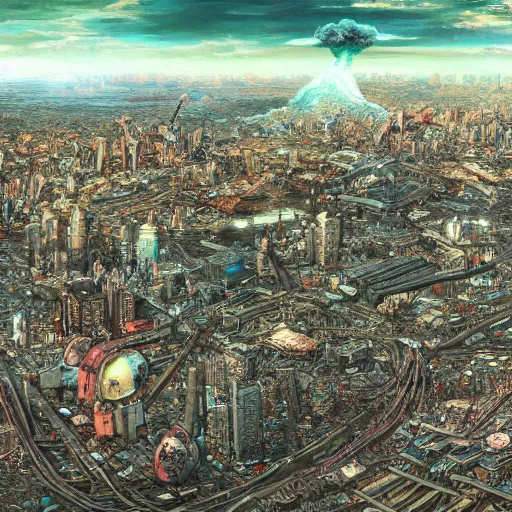 Prompt: aerial view of a post apocalyptic city surrounded by vegetation with a heavy nuclear explosion in the center, katsuhiro otomo, hyper detailed, 4 k