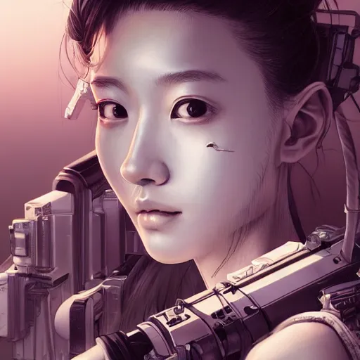 Image similar to the portrait of an absurdly beautiful, graceful, sophisticated, fashionable cyberpunk japanese school girl, an ultrafine hyperdetailed illustration by kim jung gi, irakli nadar, greg rutkowski, intricate linework, complex wiring, porcelain skin, machine guns, unreal engine 5 highly rendered, global illumination, radiant light, detailed and intricate environment