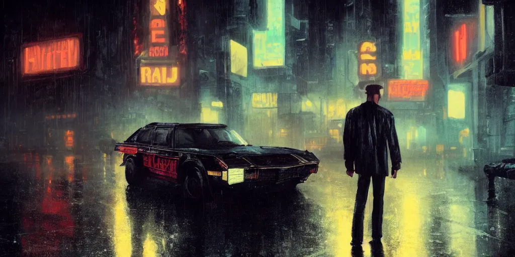 Prompt: painting of young middle age clint eastwood in blade runner movie by repin, posing on a neon rainy vague street in headlights matte painting, 8k resolution, concept art, detailed, photo realism, cgsociety, artstation, behance, amazing, wow, touching