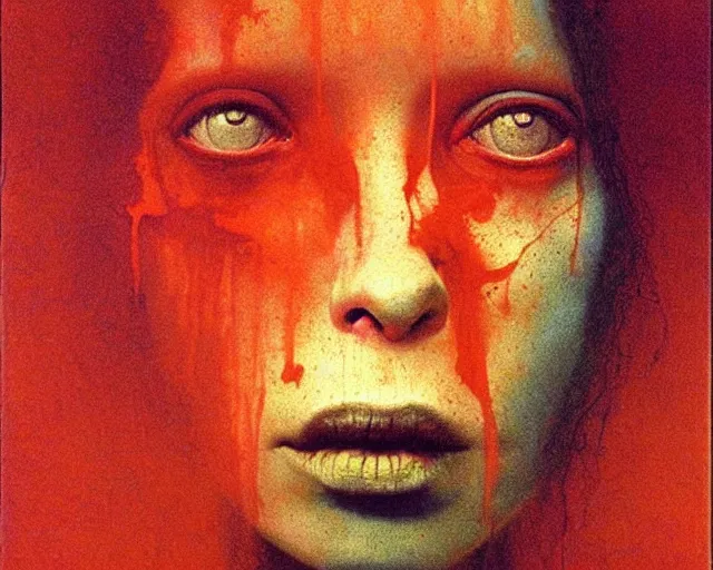 Image similar to by francis bacon, beksinski, mystical redscale photography evocative. kat dennings uma thurman christina hendricks tilda swinton