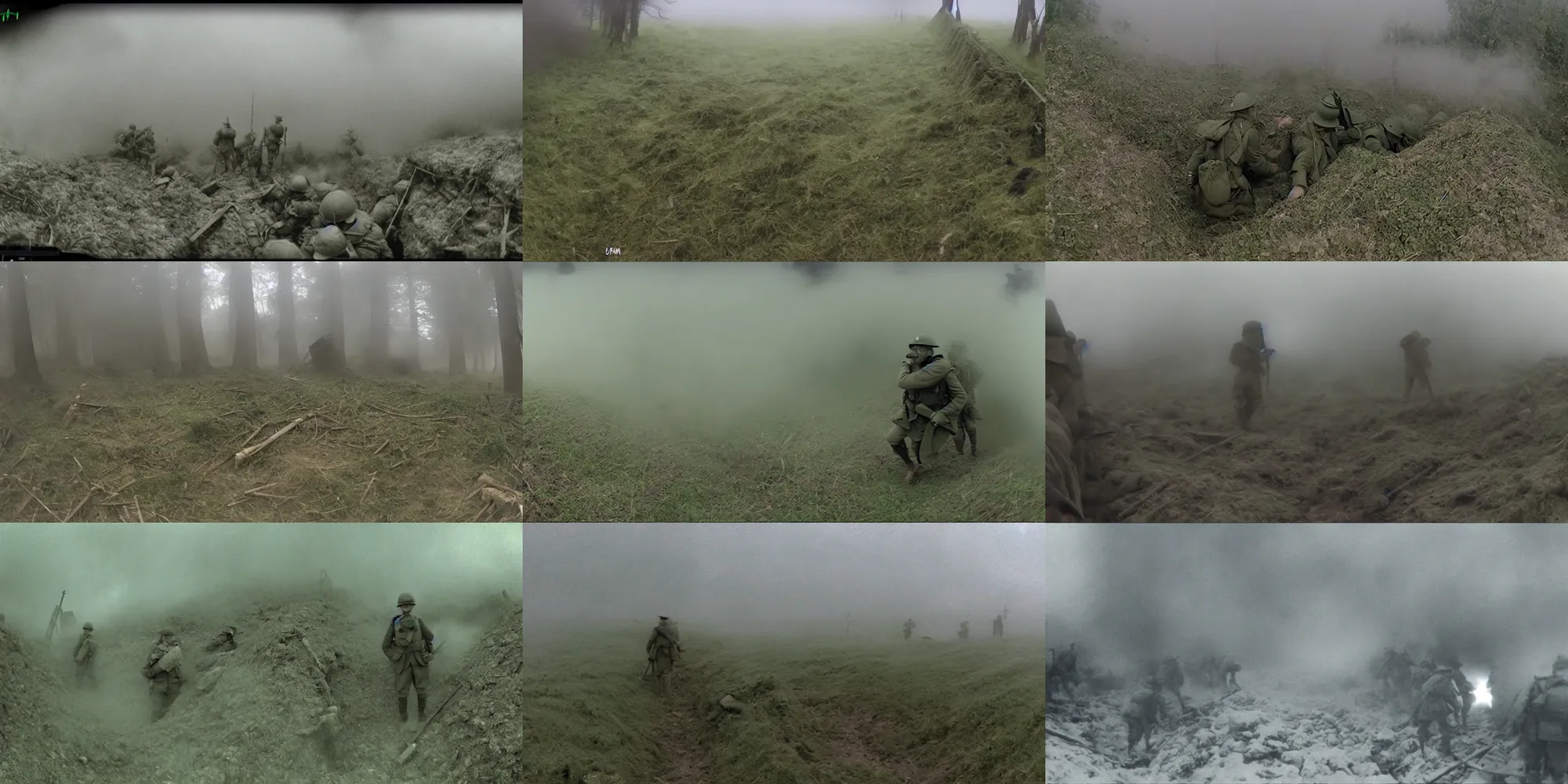 Prompt: gopro footage of ww 1 trench warfare, fog, green tint