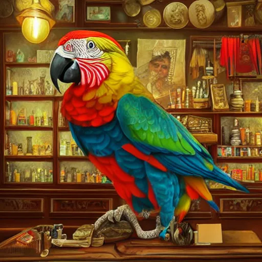 Prompt: A Anthropomorphized parrot trader in his shop, selling his wares, portrait, items, gold, carpet, window, sly expression, cunning expression, presenting wares, holding a gold bag, D&D, fantasy, intricate, cinematic lighting, highly detailed, digital painting, artstation, concept art, smooth, sharp focus, illustration, warm light, magic the gathering artwork, art by Akihiko Yoshida, Greg Rutkowski