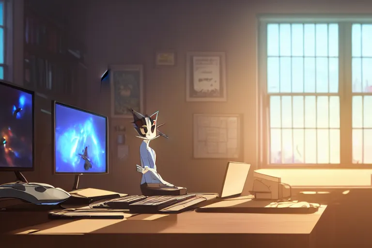 Image similar to a nerdy caracal is programming at a computer in a room full of gadgets, by makoto shinkai and ghibli studio, dramatic lighting, highly detailed, incredible quality, trending on artstation