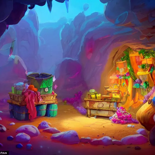 Prompt: a beautiful photo of the seven dwarfs mine, colorful crystals scattered around, and a mine cart full of crystals, natural light, concept art, cozy, atmospheric and cinematic lighting