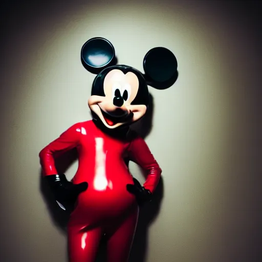 Prompt: close shot of mickey mouse wearing a latex outfit in the berghain toilette, berlin style, photography by sven marquardt, highly detailed, photorealistic, 4 k