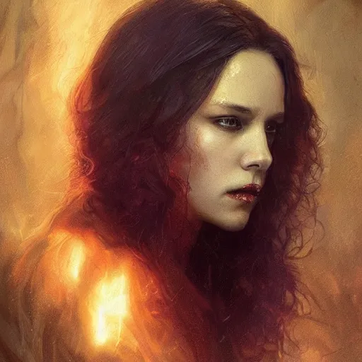 Image similar to majestic gracious regal aristocratic brunette female vampire portrait, atmospheric lighting, painted, menacing, intricate, volumetric lighting, beautiful, rich deep colours masterpiece, golden hour, sharp focus, ultra detailed, by leesha hannigan, ross tran, thierry doizon, kai carpenter, ignacio fernandez rios