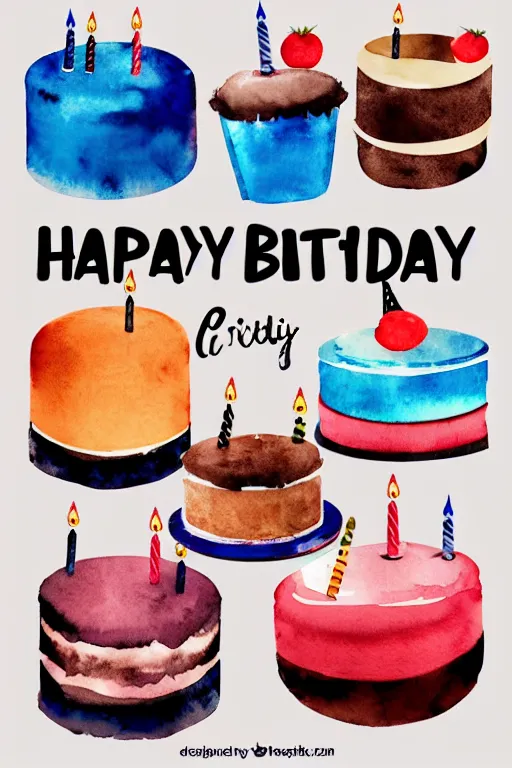 Prompt: minimalist watercolor art of birthday cakes on white background, illustration, vector art