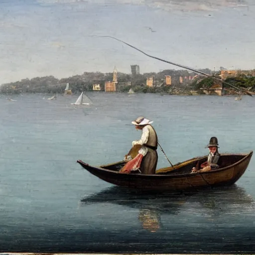 Prompt: a 19th century landscape of a man fishing in a small boat on sydney harbour