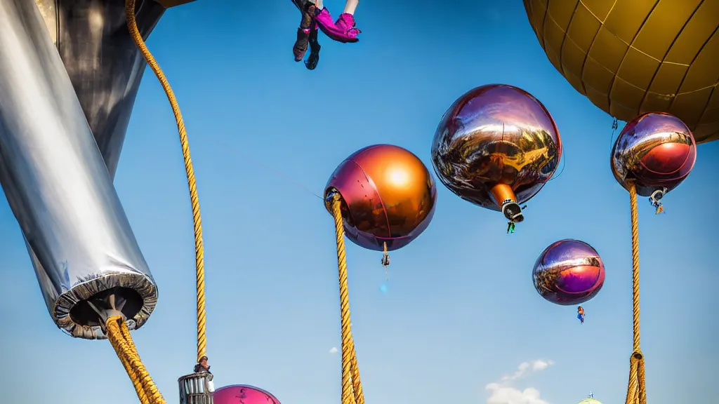 Prompt: large colorful futuristic space age metallic steampunk balloons with pipework and electrical wiring around the outside, and people on rope swings underneath, flying high over the beautiful london city landscape, professional photography, 8 0 mm telephoto lens, realistic, detailed, photorealistic, photojournalism