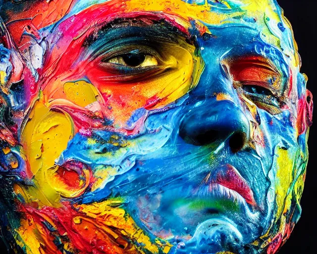 Image similar to abstract expressionist portrait of a head showing strong negative emotions painted with very thick impasto paint and acrylic pour and coloured powder explosion and splashing paint and dripping paint and flying paint chunks, dimmed realistic colours, motion blur, hyperrealistic, intricate art photography, anatomically correct, realistic crisp textures, 1 6 k