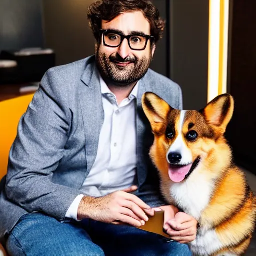 Image similar to slim Eric Wareheim with a corgi in an office, hyperrealistic, RPG portrait, ambient light, dynamic lighting, golden hour