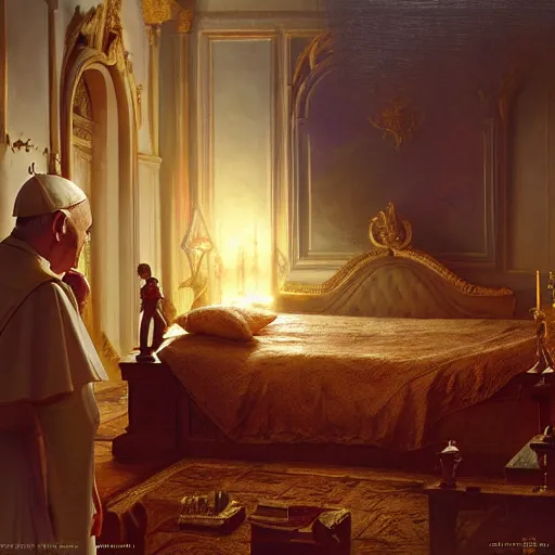 Prompt: the pope is in his bedroom, terrified because demons are attacking him. highly detailed painting by gaston bussiere, greg rutkowski, craig mullins 8 k