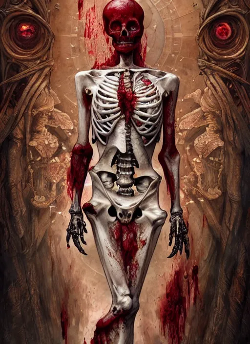 Image similar to human skeleton covered with blood, ultra realistic, concept art, intricate details, highly detailed, photorealistic, octane render, 8 k, unreal engine. art by artgerm and greg rutkowski and alphonse mucha