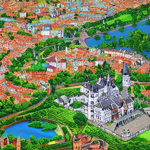 Prompt: A beautiful landscape of a city, with a castle and gardens in the middle, digital art, aerial view