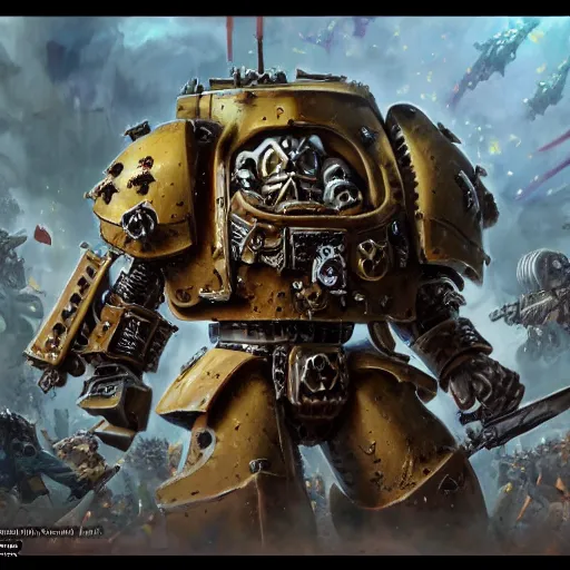 Prompt: warhammer 40k dreadnaught, artstation hall of fame gallery, editors choice, #1 digital painting of all time, most beautiful image ever created, emotionally evocative, greatest art ever made, lifetime achievement magnum opus masterpiece, the most amazing breathtaking image with the deepest message ever painted, a thing of beauty beyond imagination or words, 4k, highly detailed, cinematic lighting