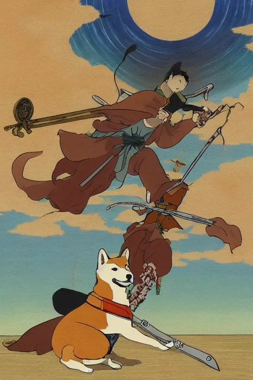 Prompt: a highly detailed portait of a shiba inu fighting a japanese folklore god with a sword in its mouth, in the style of studio ghibli, studio ghibli palette, 8 k