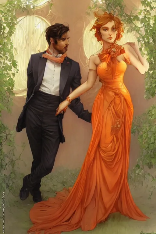 Prompt: man in orange shirt fastens dress, beautiful creation to his spouse before going to exquisite gala art by artgerm and greg rutkowski and charlie bowater and magali villeneuve and alphonse mucha