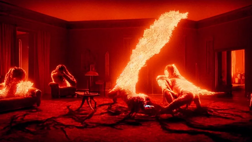 Image similar to a giant hand made of blood and fire floats through the living room, film still from the movie directed by Denis Villeneuve with art direction by Salvador Dalí, wide lens