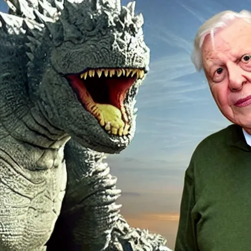 Image similar to Sir David Attenborough sees Godzilla