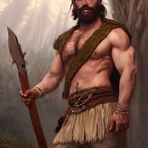 Image similar to portrait of a gruff ranger holding a spear, accompanied by a wolf dog, muscular, upper body, hairy body, D&D, fantasy, intricate, elegant, highly detailed, digital painting, artstation, concept art, matte, sharp focus, illustration, art by Artgerm and Greg Rutkowski and Alphonse Mucha