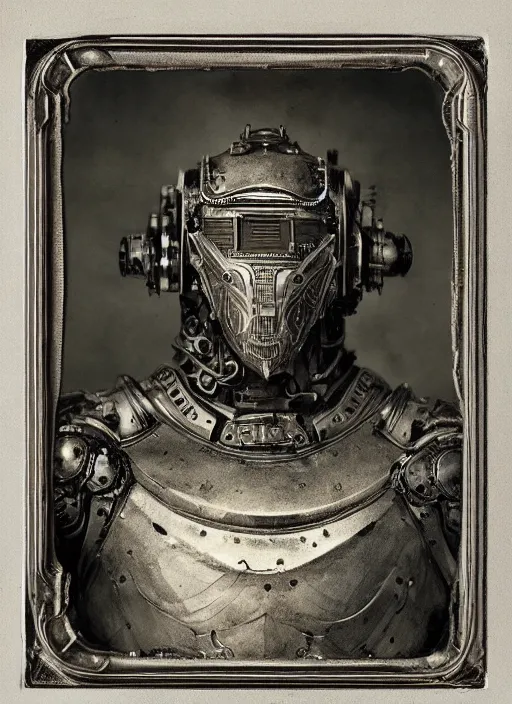 Image similar to old wetplate daguerreotype frame portrait of a futuristic silver armored knight district 9 cyborg, fractal, intricate, elegant, highly detailed, subsurface scattering, by jheronimus bosch and greg rutkowski and louis jacques mande daguerre