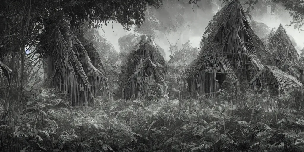 Image similar to long and tall organic houses, village, jungle, black and white, year 1 9 0 0, artstation, digital art