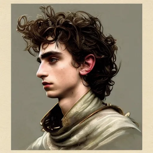 Image similar to Portrait of Timothée Chalamet as a bruised knight, fantasy, intricate, headshot, highly detailed, digital painting, artstation, concept art, sharp focus, cinematic lighting, illustration, art by artgerm and greg rutkowski, alphonse mucha, cgsociety