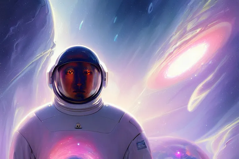 Image similar to Portrait of a Futuristic astronaut reflective visor reflecting a nebula supernova in space, portrait, elegant, intricate, digital painting, artstation, concept art, smooth, sharp focus, illustration, art by artgerm and greg rutkowski and alphonse mucha