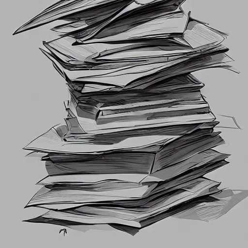 Image similar to stack of paperwork, overflowing papers, paper everywhere, concept art, colored sketch, artstation award, detailed