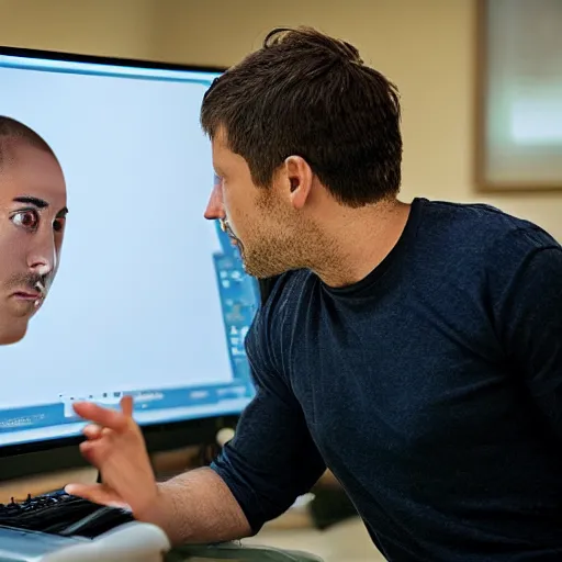 Image similar to a man looking at his digital clone in a computer screen