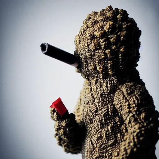 Image similar to anthropomorphic godzilla smoking a joint, 5 5 mm