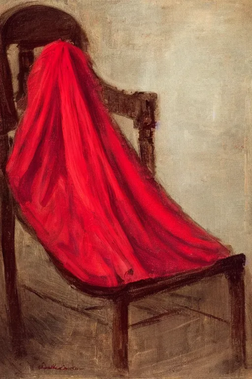 Image similar to an empty red dress laid across a chair in a dark victorian era room. in the style of american impressionism painting.