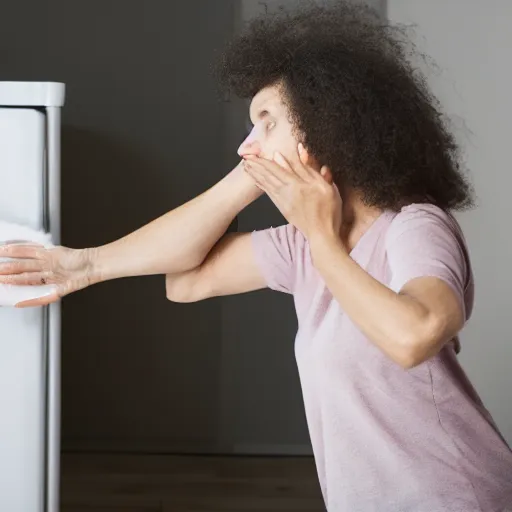 Prompt: a photo of a woman losing her patience because she can't find the paper towel