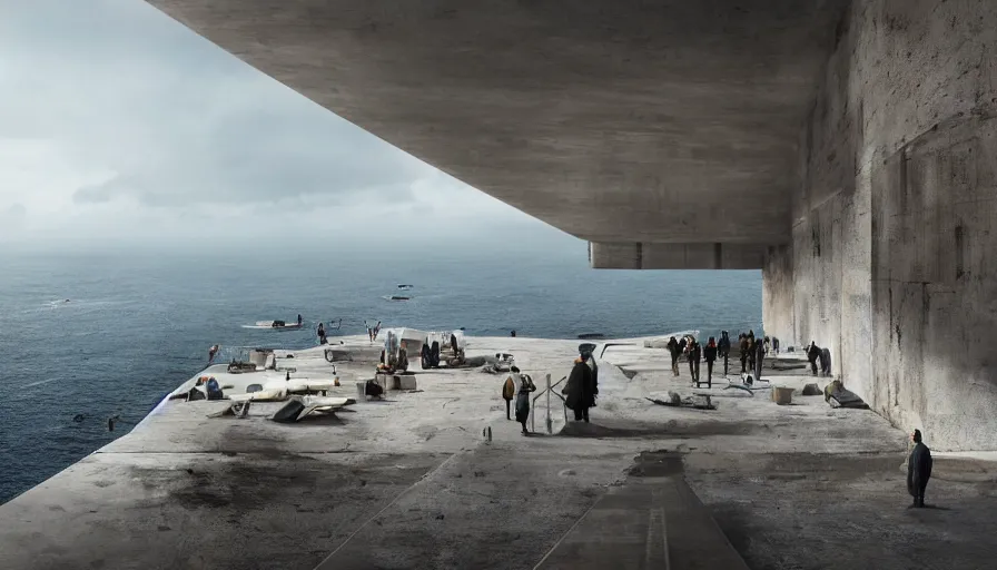 Image similar to coastal perched on a cliff overlooking a magnificient bay, bond villain base, drawing architecture, imperial architecture in rogue one, pritzker architecture prize, brutalism architecture, jan urschel, greig fraser