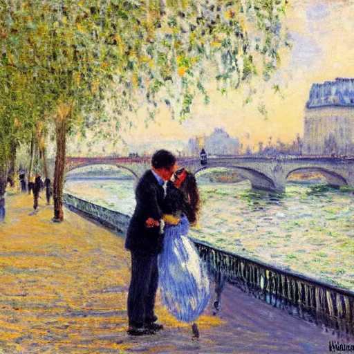 Image similar to impressionism kissing near le seine, paris