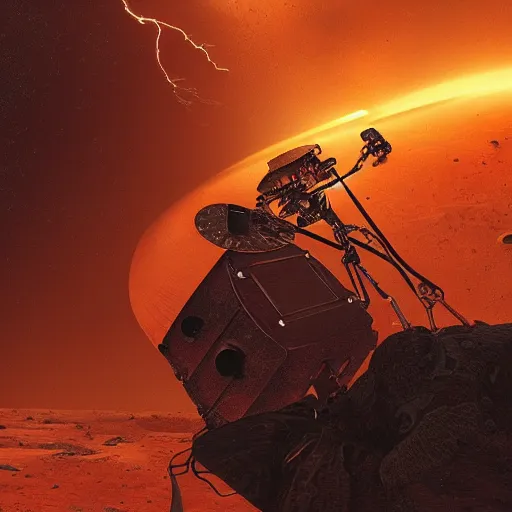 Prompt: UHD closeup of a Photorealistic Robot playing Drums during a wicked lightning storm on Mars, with a cool pose, by Antonio Caparo and Ferdinand Knab and Greg Rutkowski, UHD, photorealistic, trending on artstation, trending on deviantart