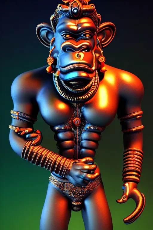 Image similar to high quality 3 d render post - rococo cyberpunk hanuman! head building, neon madhubani, open mouth, highly detailed, in sci - fi mumbai, cinematic smooth unreal engine, lee madgwick & liam wong, dramatic light, low angle, uhd 8 k, sharp focus