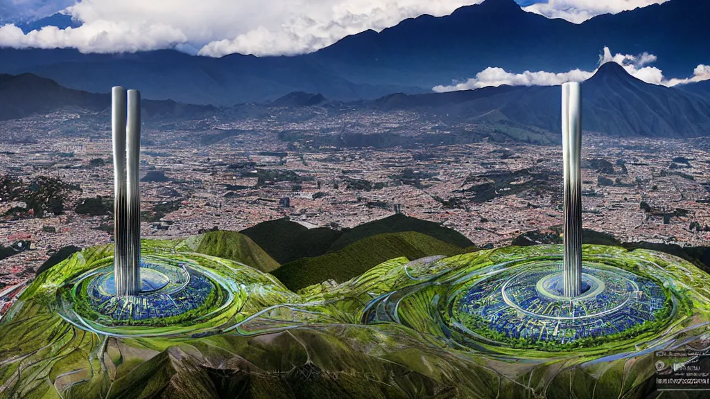 Prompt: Epic Giant Nuclear power Shines gracefully over the techno, city, nature hybrid mountain valley of Quito, Ecuador; by Oswaldo Moncayo and Vincent Callebaut; Art Direction by James Cameron;