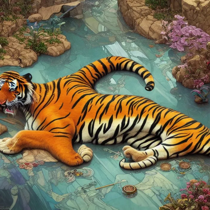 Image similar to excellent painted isometric view of tiger, high quality masterpiece painted, patterned background, zoomed out, 4k, trending on artstation, octane render, art by James Jean and artgerm and greg rutkowski and alphonse mucha and craig mullins and James Jean and Andrei Riabovitchev and Marc Simonetti and peter mohrbacher