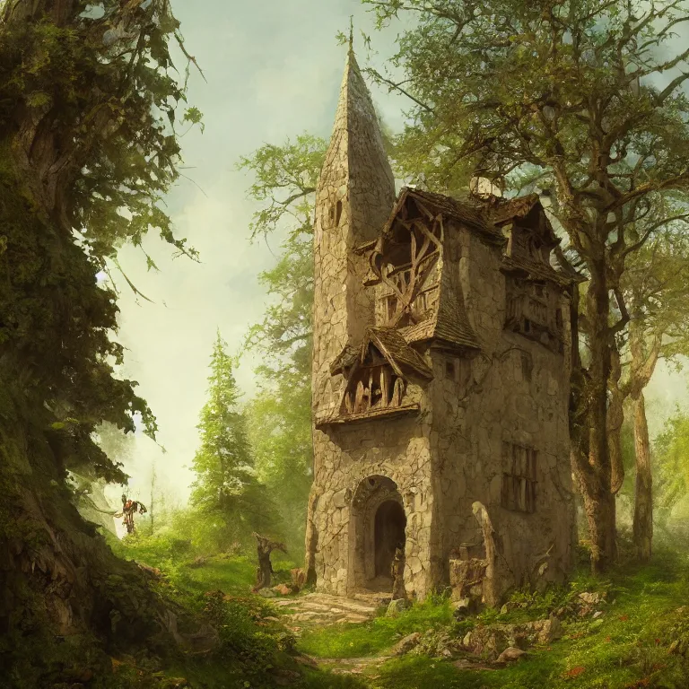 Image similar to a detailed painting of a medieval building in forest. fantasy poster. lord of the rings style. cinematic fantasy scene. fantasy. carl spitzweg. renaissance elements. renaissance element. oil painting. award winning. trending on artstation. 8 k