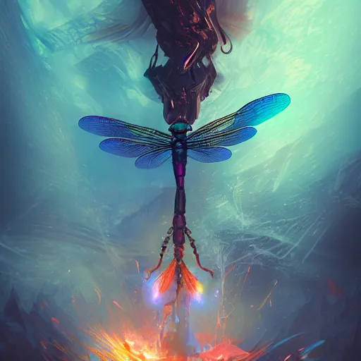 Image similar to colorful dragonfly, magic of fire and magic of ice. occult cyberpunk, ancient futuristic, dark art, occult. by Petros Afshar, by artgerm, by Eddie Mendoza, by Peter mohrbacher, octane render, 3d, unreal engine, depth of field, bokeh, motion blur, blur