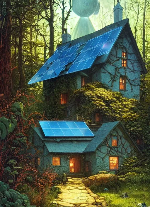 Image similar to hyper realistic witch cottage with solar panels with happy lighting and technology in the woods gorgeous lighting, sunbeams blue sky, lush forest foliage painting by zdzisław beksinski and norman rockwell and greg rutkowski weta studio, and lucasfilm