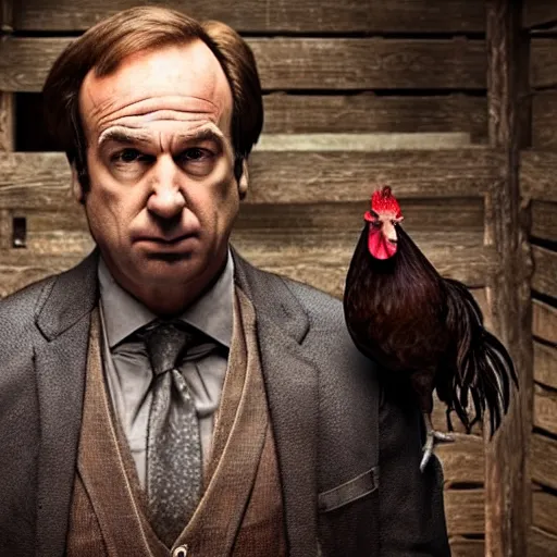 Image similar to saul goodman and a rooster in a medieval torture chamber, saw blades and knives in the background, horror movie, saul goodman, rooster!!!!, real life photo, highly detailed face