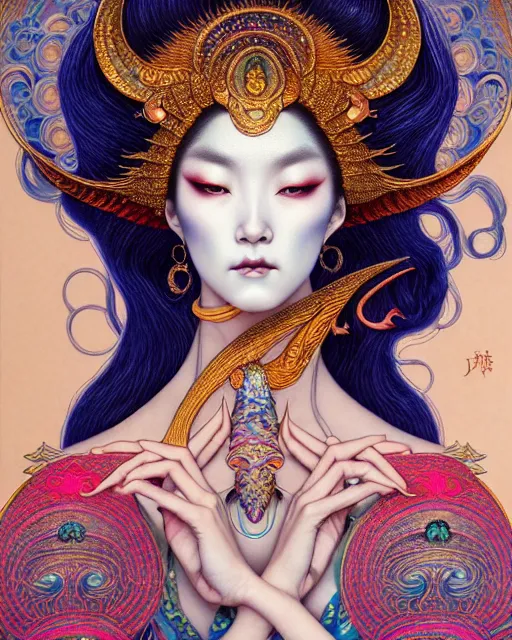 Image similar to portrait of a beautiful moon goddess, unusual beauty, esoteric, other worldly colors, head in focus, fantasy art, ornamental aesthetics, intricate, elegant, highly detailed, hyperrealistic painting, artstation, concept art, painterly, sharp focus, illustration, art by chie yoshii