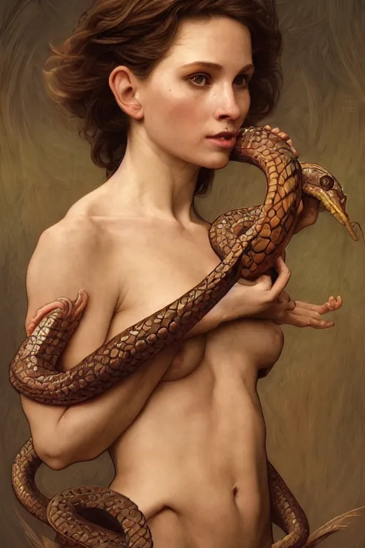 Image similar to Portrait of an anthropomorphic snake-woman, cinematic lighting, intricate, rugged, highly detailed, digital painting, normal hands, normal legs, artstation, smooth, sharp focus, illustration, art by artgerm and greg rutkowski and alphonse mucha and Wayne Barlowe and william-adolphe bouguereau