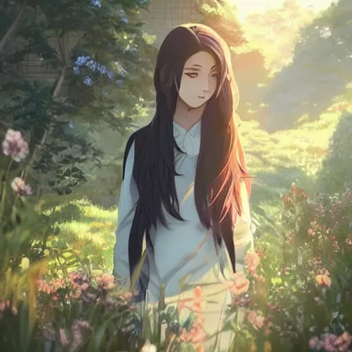 Image similar to beautiful young asian woman with long hair, realistic, detailed, cel shaded, in the style of makoto shinkai and greg rutkowski and james gurney